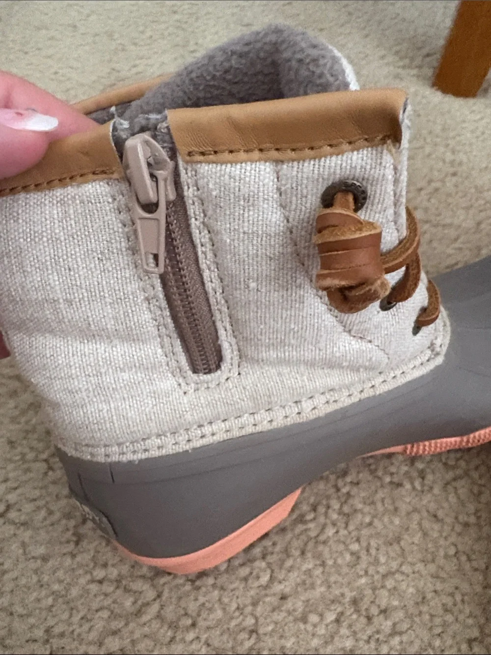 Sperry Kids Gray Duck Boots with Pink Trim and Tan Laces